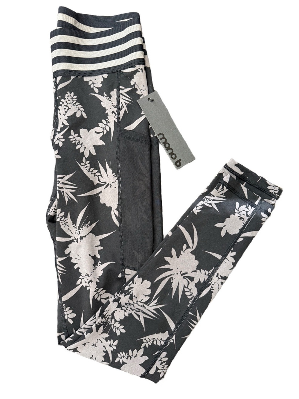 Black & White Floral Leggings with Striped Waistband
